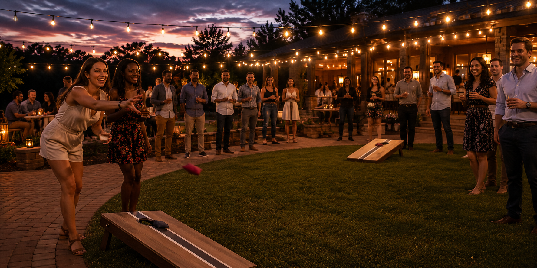 Guests gathered around a fire pit at a Kismeet event